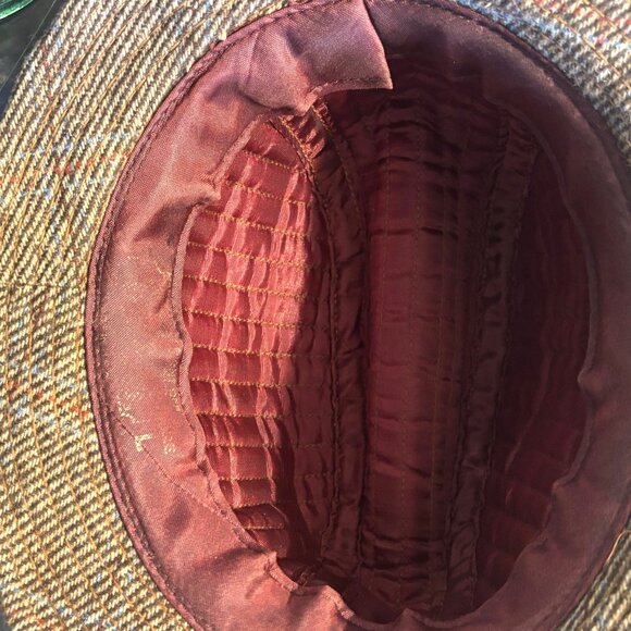 Vtg Large Brown Tweed Fedora Hat With Plaid Accent & Quilted Lining Wool Blend - Picture 7 of 7